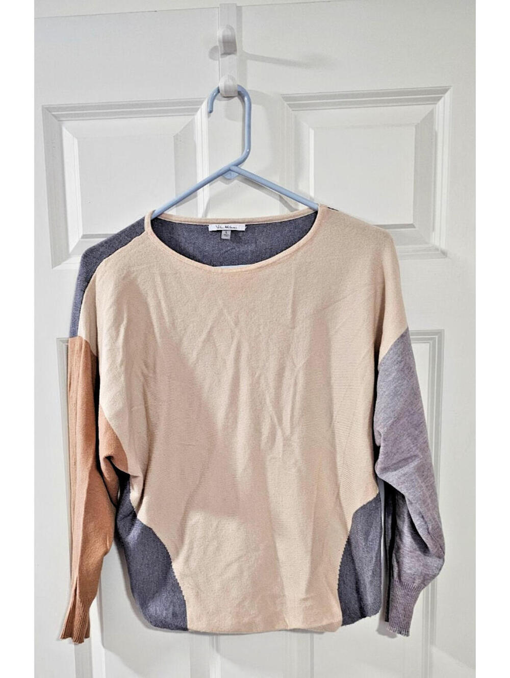 Vila Milano Knit Pullover Top - color blocked ,beige, charcoal  and tan size L